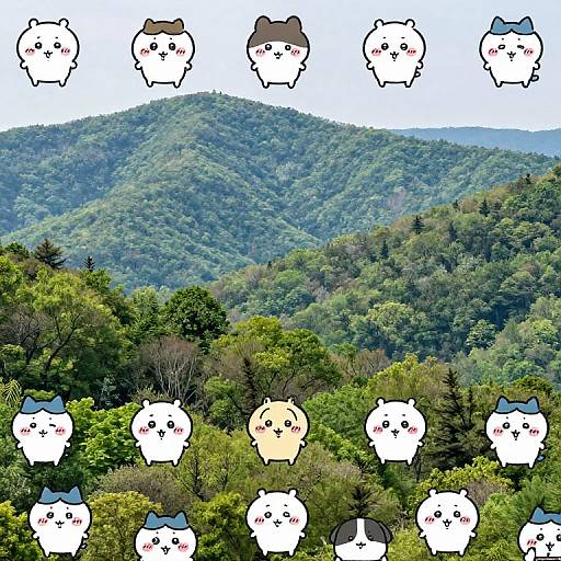 Photograph of a forested mountain background with a grid of white, blushing, cartoon cat-like characters with various hats overlayed.