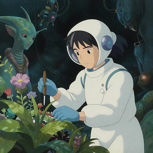 Anime-style digital artwork of a scientist in a white hazmat suit, blue gloves, and helmet, tending colorful flowers amidst a dark, sci-fi