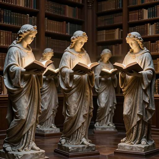 Photograph of four illuminated marble statues of robed, classical-style women with wavy hair, standing in a dimly lit library, holding open books