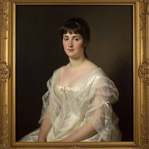 Victorian-era portrait of a fair-skinned woman with dark hair, wearing a white lace dress, framed in an ornate gold frame.