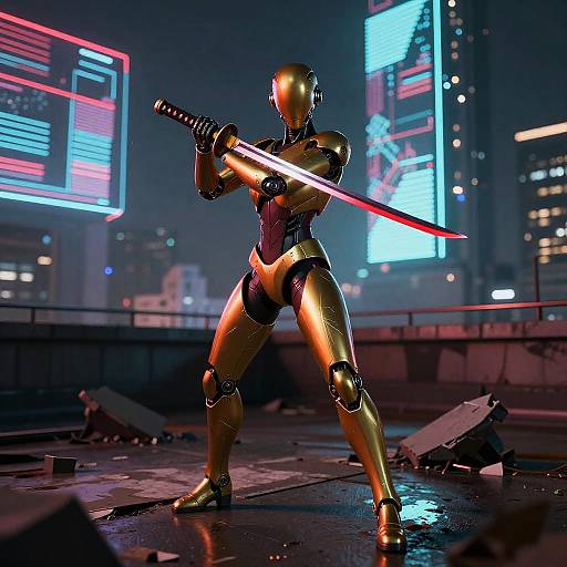Urban Cyborg with Katana on Rooftop