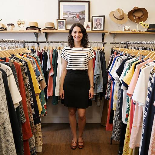 Photograph of a smiling woman with curly brown hair, wearing a striped top and black skirt, standing in a colorful clothing store with racks of clothes,