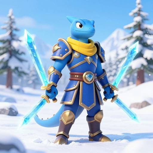 CGI blue anthropomorphic lizard warrior in gold-trimmed blue armor with yellow scarf, holding two glowing blue swords, standing in snowy forest.