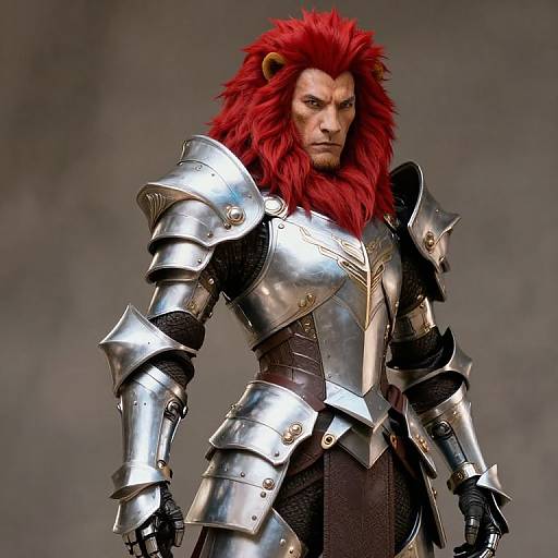 Digital artwork of a fierce, red-maned lion-man in shiny, medieval-style silver armor, standing against a gray, smoky background.