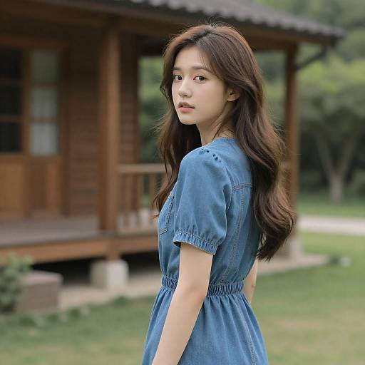 Young Woman in Denim Dress Outdoors