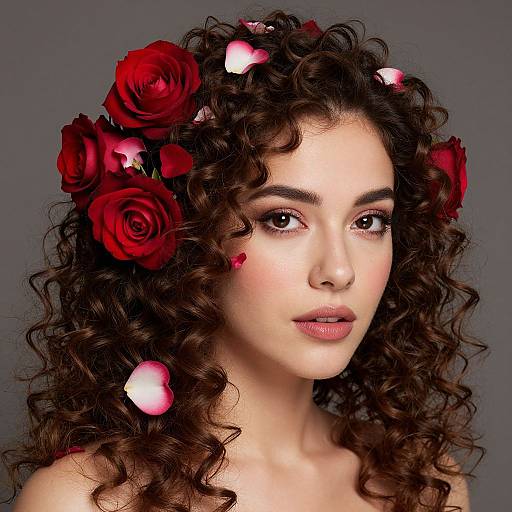 Photograph of a beautiful woman with curly brown hair, wearing a crown of red roses and scattered pink petals, against a gray background.