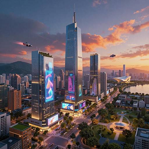 Futuristic Waterfront Cyberpunk Urban Skyline