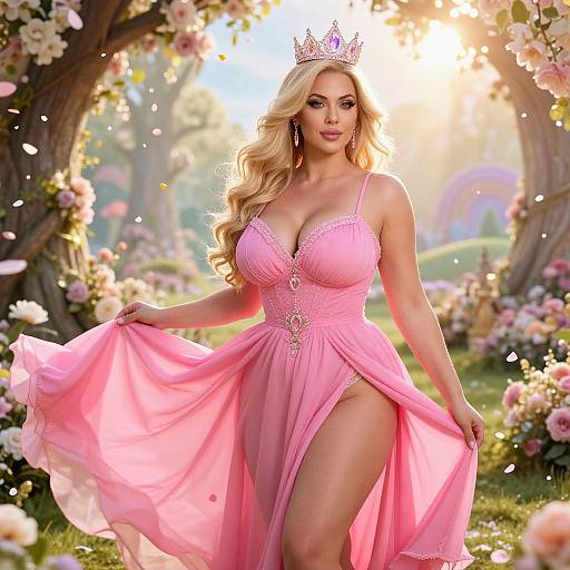 Blonde princess with large breasts in a pink, low-cut dress and tiara, holding her skirt, standing in a sunlit, flower-filled garden