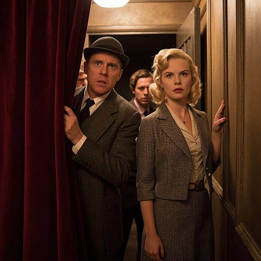 Photograph of a 1940s-style scene: A man in a gray suit and fedora peeks from behind a curtain, while a blonde