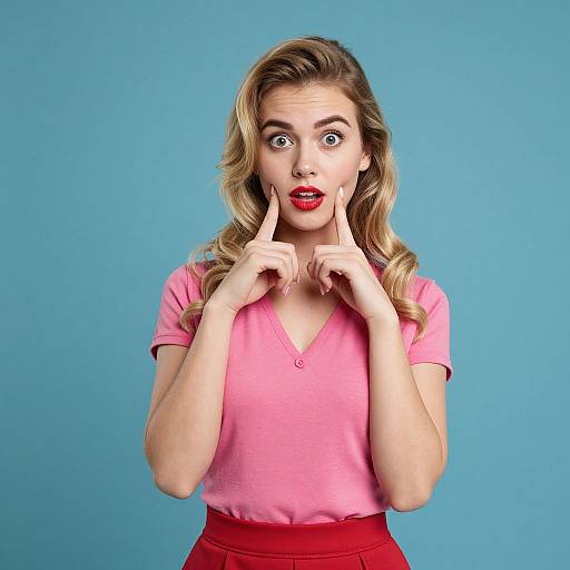 Photograph of a blonde woman with wavy hair, wearing a pink shirt and red skirt, against a blue background, with surprised expression, fingers pointing