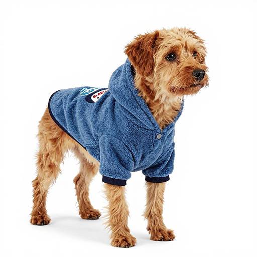 Photograph of a small, shaggy, brown dog with black eyes wearing a blue, fleece hoodie with white and red accents, standing on a
