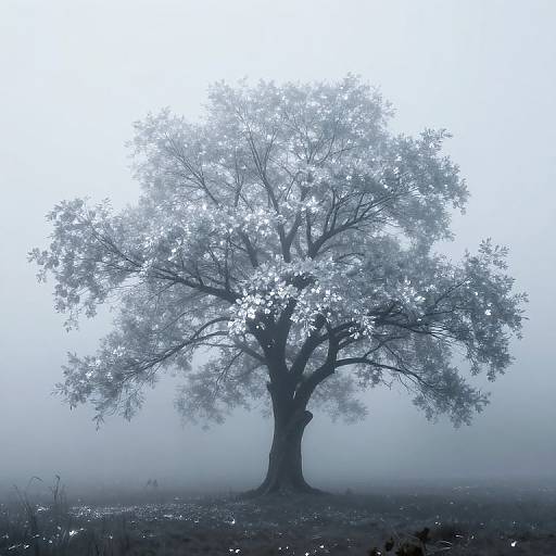 Photograph of a solitary, mist-covered tree with ethereal, glowing leaves, standing alone in a foggy, grassy field at dawn.