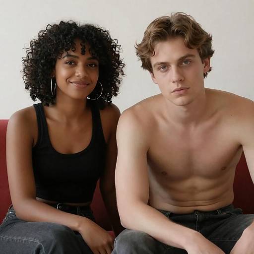 Young Couple Sitting on Red Couch