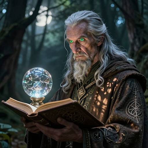 Photorealistic CGI of an old, white-bearded wizard with glowing green eyes, wearing intricate dark robes, holding an open book with a glowing crystal