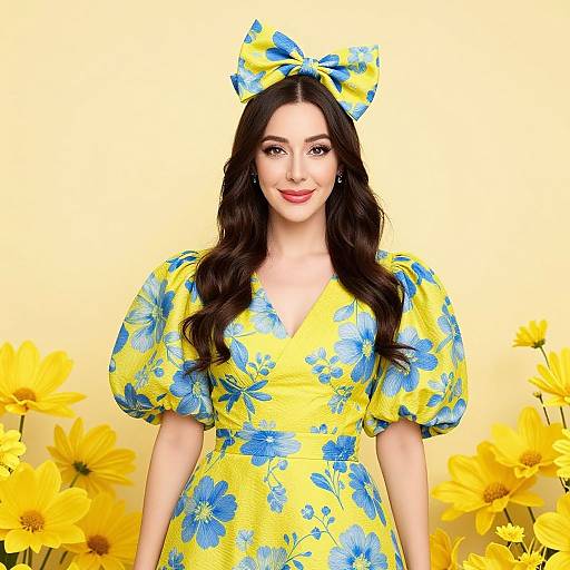 Photograph of a smiling woman with long dark hair, wearing a yellow floral dress and matching bow, standing in front of a yellow background with sunflowers