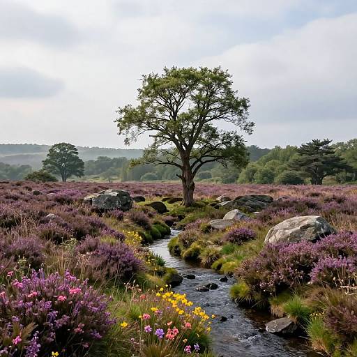 Serene Heathland Landscape with Stream