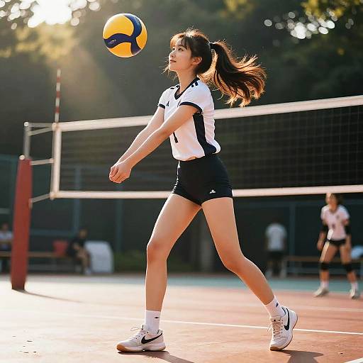 Photograph of a young Asian woman with long brown hair, wearing a white and black volleyball uniform, mid-serve on an outdoor court at sunset.