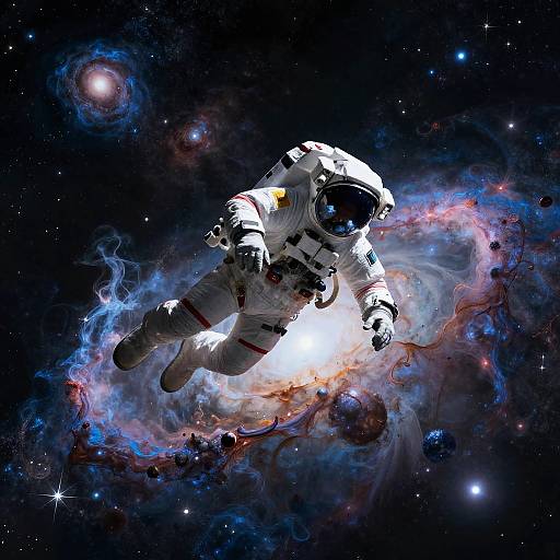 Digital art of an astronaut floating in space, surrounded by vibrant nebulae and stars, wearing a white spacesuit with a reflective helmet.