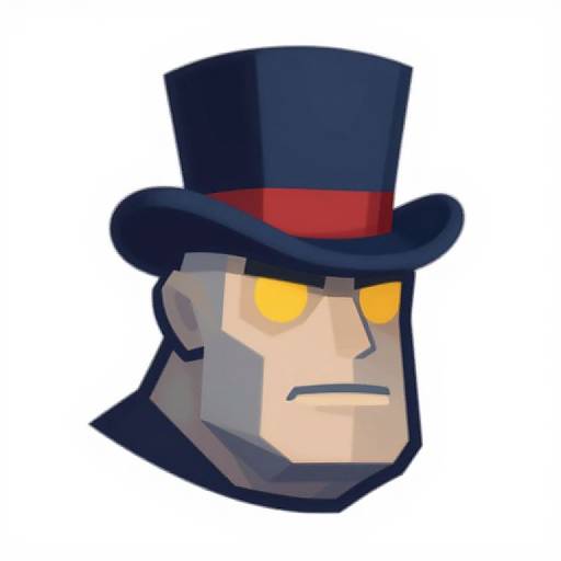 Digital cartoon of a stern-faced man with pale skin, yellow glowing eyes, and a black top hat with a red band.