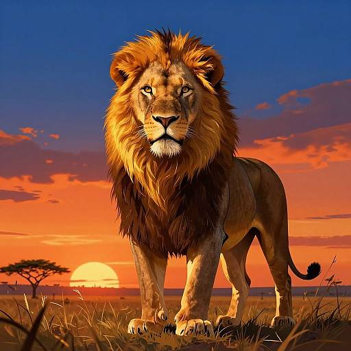 Photograph of a majestic male lion with a golden mane standing on a grassy savannah at sunset, with a vivid orange and purple sky and the