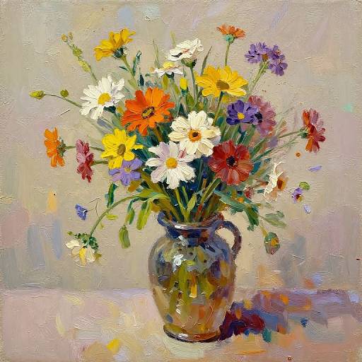 Impressionist-style painting of a colorful bouquet in a brown vase, featuring yellow, white, orange, red, and purple flowers, with a textured