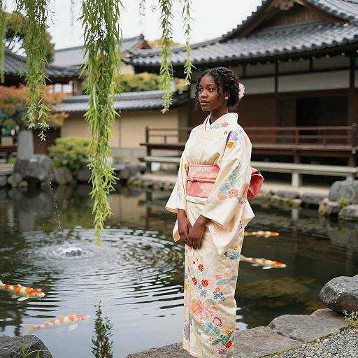 Black Girl in Kimono by Koi Pond