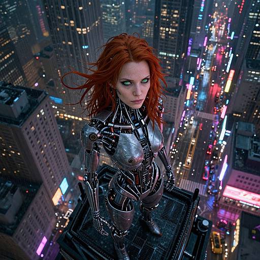 CGI image of a red-haired woman with green eyes and a metallic, robotic suit standing on a rooftop, overlooking a vibrant, neon-lit city