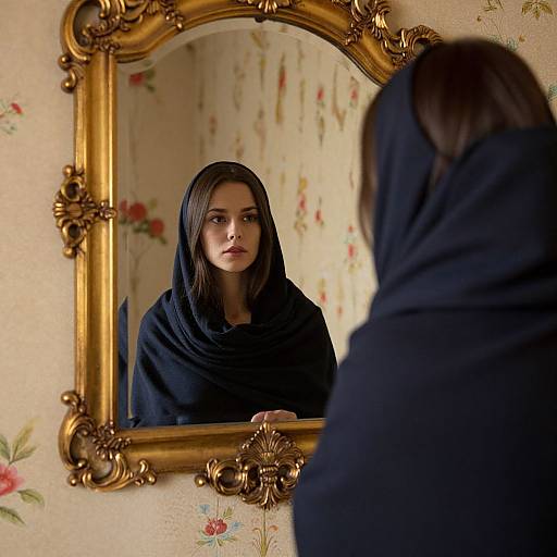 Photograph of a young woman with fair skin, dark hair, and intense expression, wearing a black hijab, reflected in an ornate gold-fr