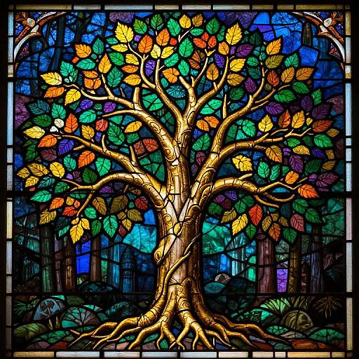 Vibrant stained glass artwork depicting a colorful, multicolored-leaved tree with a golden trunk, set against a blue forest background.