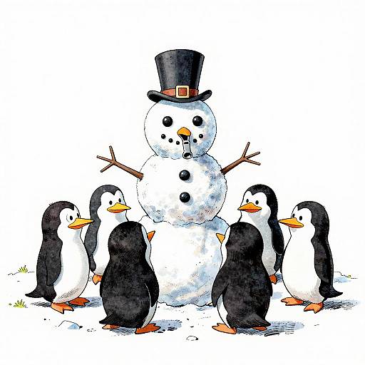 Penguins Building Coach Snowman Cartoon