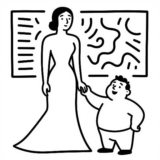 Black and white abstract line drawing of a tall woman in a dress and a shorter, rounder man with a child, standing in front of a rectangular