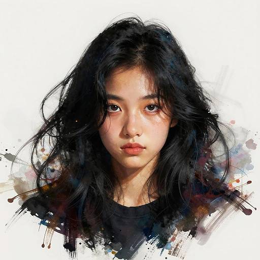Digital portrait of an Asian woman with long, wavy black hair, pale skin, and soft red lips, wearing a black shirt, set against a