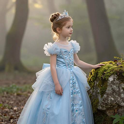 Little Girl in Blue Princess Dress in Forest
