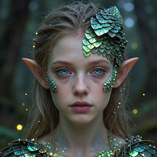 Digital painting of a young, fair-skinned elf woman with blue eyes, pointed ears, and silver leaf-like scales on her forehead and shoulders, set