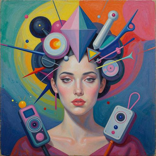 Digital painting of a pale-skinned woman with red lips, wearing a red shirt, adorned with colorful geometric and electronic objects on her head and shoulders,