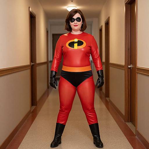 Photograph of a plus-sized woman in a red Elastigirl costume with black gloves, black boots, and mask, standing in a long,