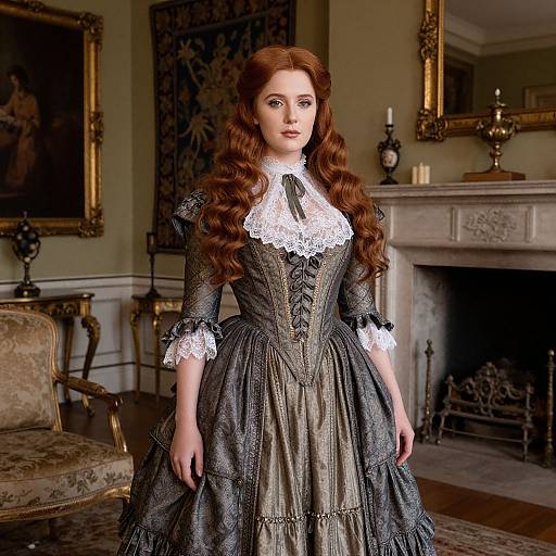 Photorealistic digital painting of a fair-skinned woman with long, wavy auburn hair in a Victorian-style, black and grey lace dress
