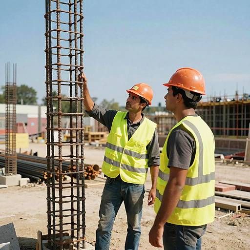 Photograph of two male construction workers in orange helmets and yellow vests, inspecting a vertical steel rebar column on a sunny construction site.
