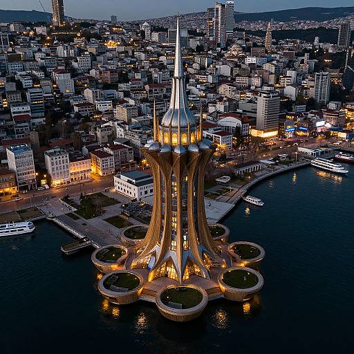 Aerial photograph of a brightly lit, multi-tiered, waterfront city tower surrounded by a densely packed urban skyline at dusk.