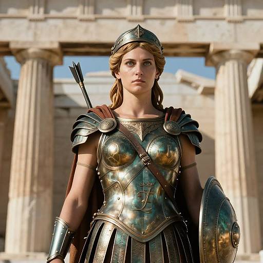 CGI image of a blonde warrior woman in ancient Greek-style armor, with a helmet, shield, and quiver, standing in front of a classical