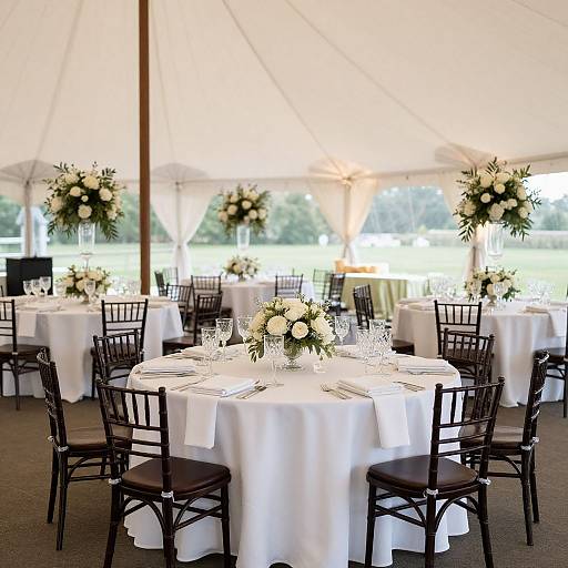 Photograph of an elegant wedding reception tent with round white-clothed tables, black wooden chairs, white and green floral centerpieces, and large ceiling
