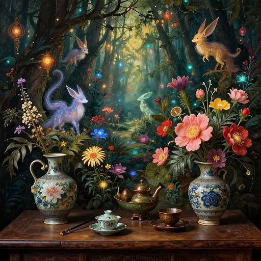 Whimsical still life painting: colorful flowers in ornate vases, teapot, tea set, fairy-like creatures, glowing lights, forest backdrop