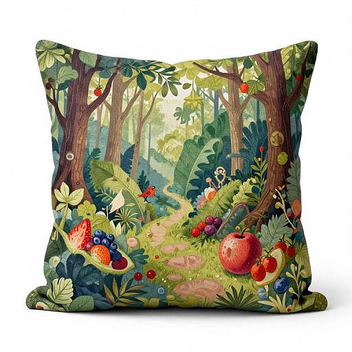 Vibrant forest-themed square pillow with colorful fruits, leaves, and trees on a green and blue background, featuring detailed botanical illustrations.