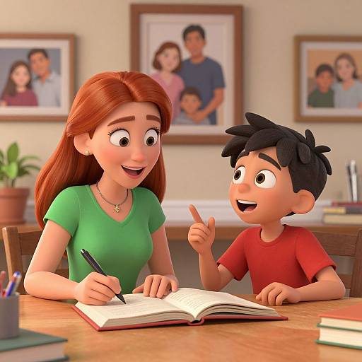 3D CGI image of a red-haired woman in a green shirt and a black-haired boy in a red shirt reading together at a wooden table.
