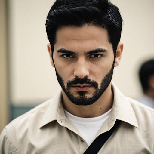 Serious man in beige collared shirt