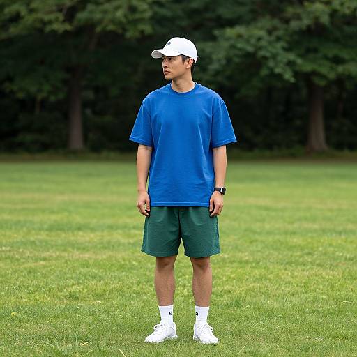Man in Blue Tee and Green Shorts