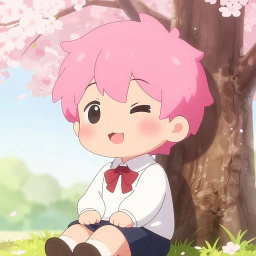 Chibi-style digital drawing of a cute, pink-haired boy with a red bowtie, sitting under a cherry blossom tree, winking and smiling.