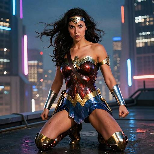 Digital art of Wonder Woman kneeling on a rooftop at night, wearing her iconic red, gold, and blue costume, with city lights in the background.