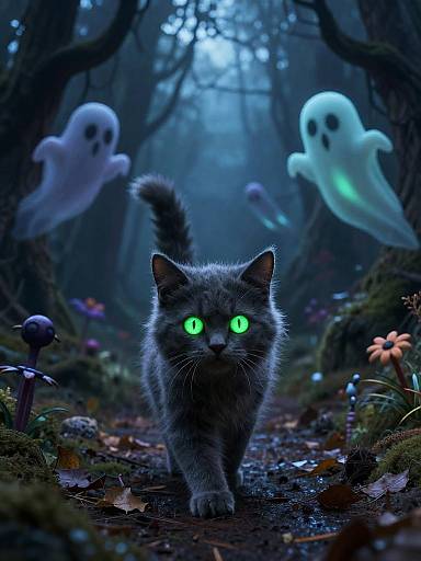 Digital artwork of a glowing-eyed, gray cat walking through a dark, foggy forest with three floating, ghostly figures above.