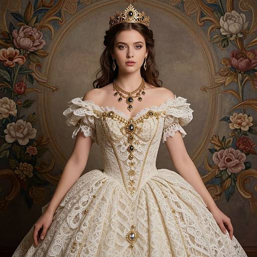 Photograph of a regal young woman with fair skin, dark wavy hair, wearing a gold crown, off-shoulder lace gown, and